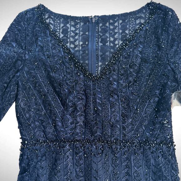 Mac Duggal Embroidered Long Sleeve V Neck Trumpet Gown Dress Sz 10 Midnight Blue - Picture 5 of 14